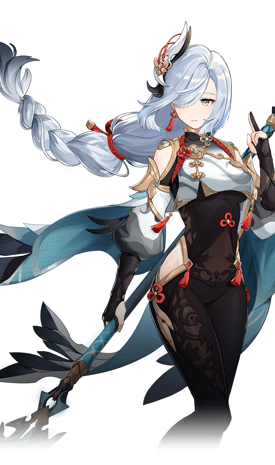 Shenhe, a silver-haired character with flowing blue garments and a long braid.