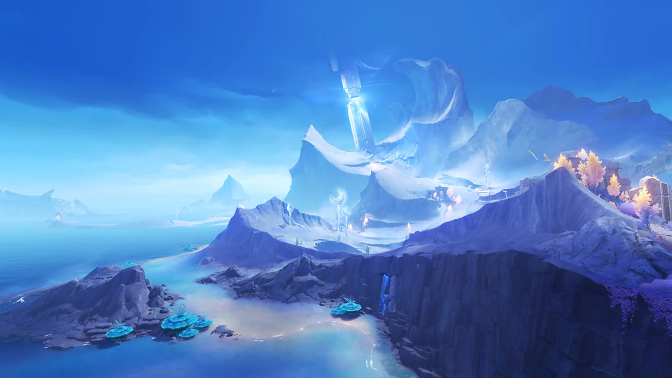 Lavender moonlight over the Nod-Krai coastline and ancient curved stone ruins.