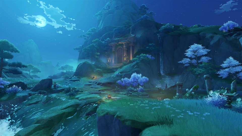 A moonlit mountain sanctuary, blue flowering trees, and a path lit by small lanterns.